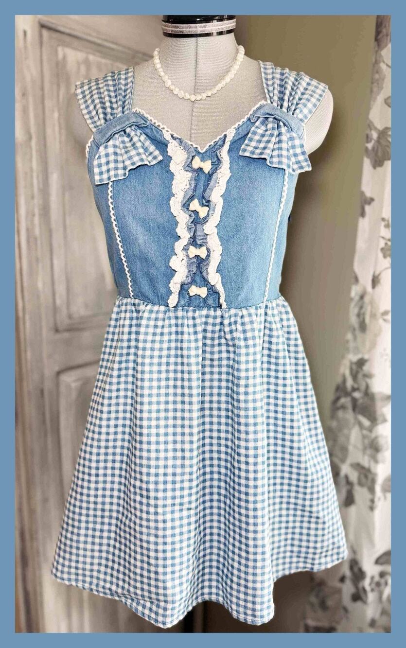 Ank Rouge Blue Gingham Denim Mini Dress Size M J Fashion Gyaru Coquette Picnic